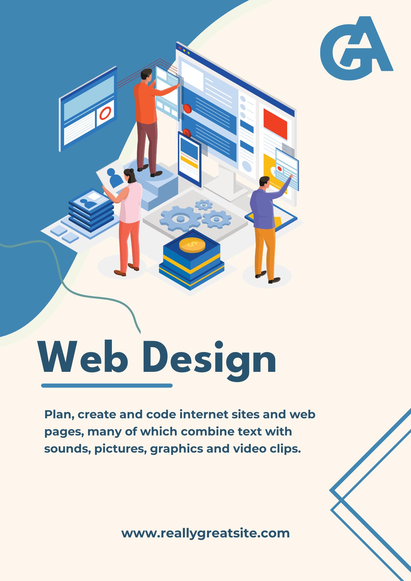 Cream And Blue Isometric Web Design Flyer (A4)-1578